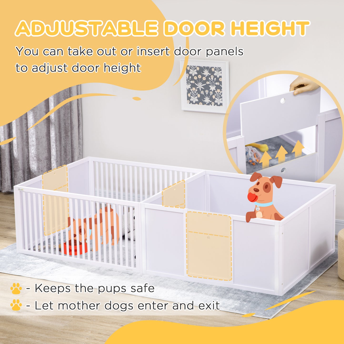 PawHut Whelping Box for Dogs Built for Mother's Comfort, Dog Whelping Pen with Removable Doors, Puppy Playpen for Indoors, Newborn Puppy Supplies & Essentials, 81" x 39" x 20", White