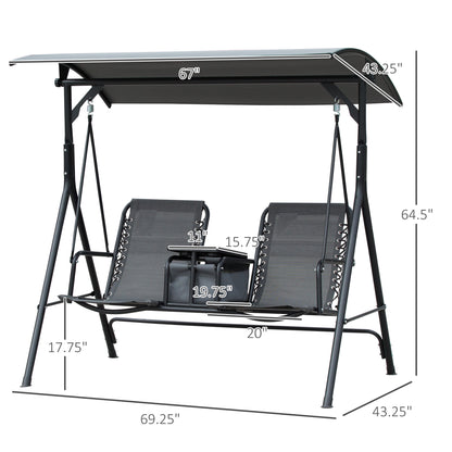 Outsunny 2-Seat Patio Swing Chair, Outdoor Canopy Swing Glider with Pivot Storage Table, Cup Holder, Adjustable Shade, Bungie Seat Suspension and Weather Resistant Steel Frame, Grey