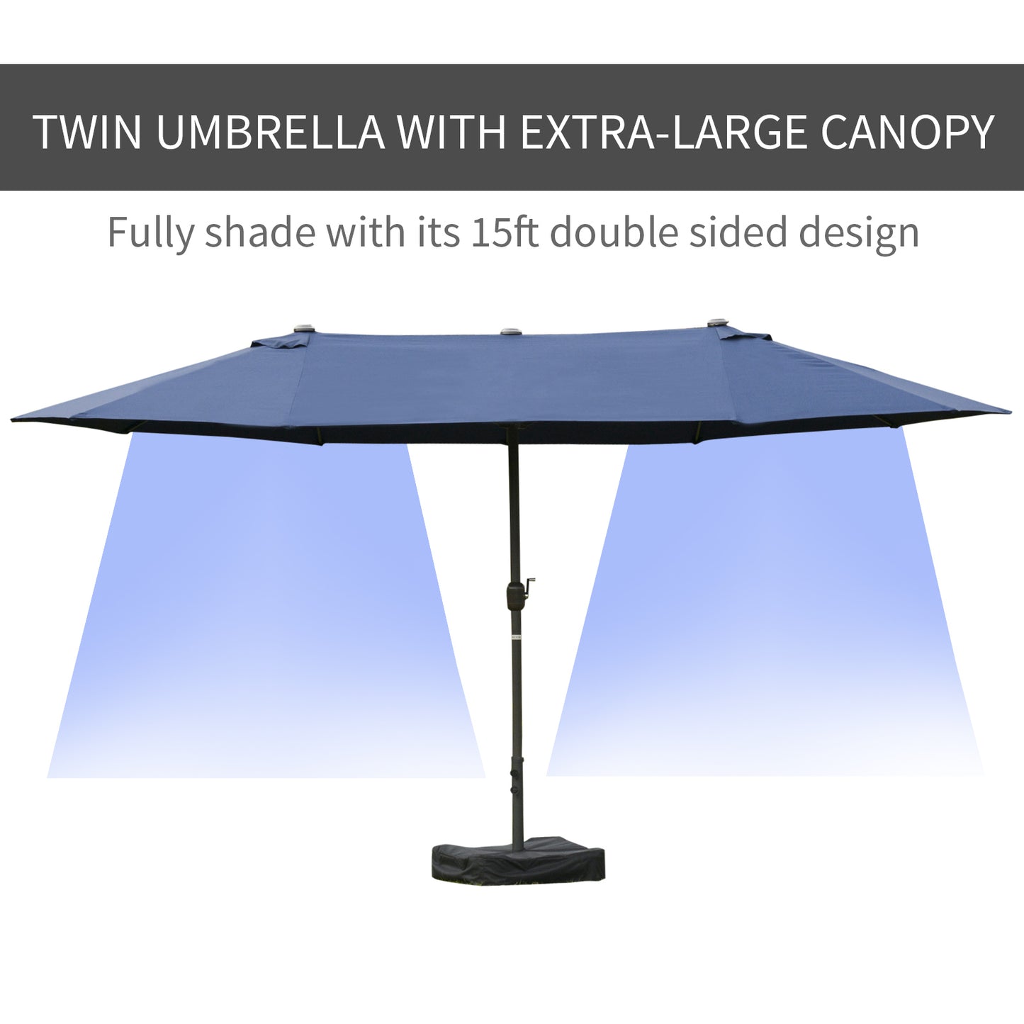 Outsunny Patio Umbrella 15' Steel Rectangular Outdoor Double Sided Market with base, Sun Protection & Easy Crank for Deck Pool Patio, Dark Blue