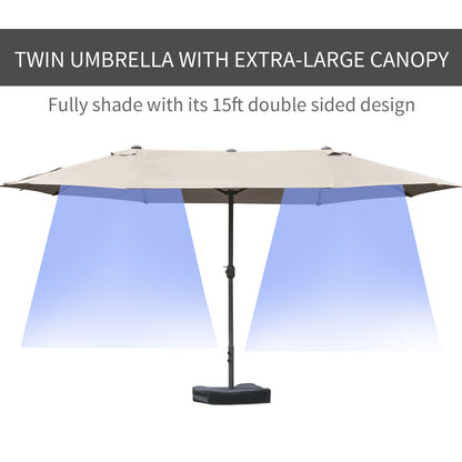 Outsunny Patio Umbrella 15' Steel Rectangular Outdoor Double Sided Market with base, Sun Protection & Easy Crank for Deck Pool Patio, Coffee