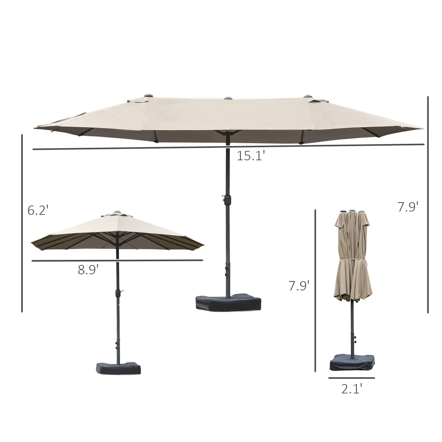 Outsunny Patio Umbrella 15' Steel Rectangular Outdoor Double Sided Market with base, Sun Protection & Easy Crank for Deck Pool Patio, Coffee