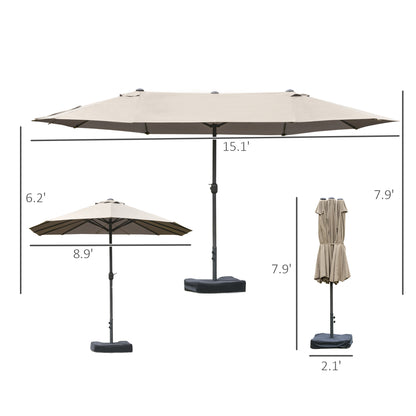 Outsunny Patio Umbrella 15' Steel Rectangular Outdoor Double Sided Market with base, Sun Protection & Easy Crank for Deck Pool Patio, Coffee