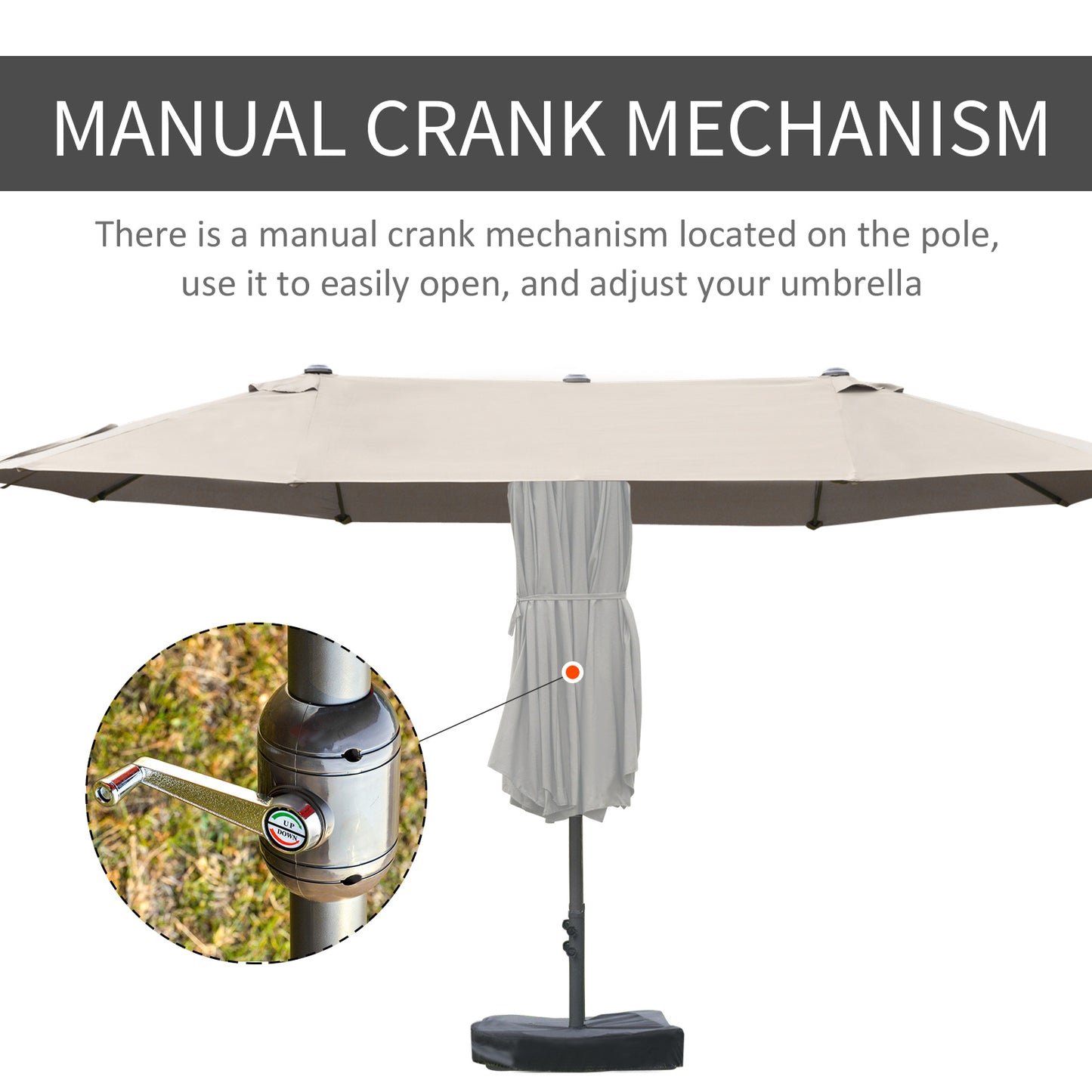 Outsunny Patio Umbrella 15' Steel Rectangular Outdoor Double Sided Market with base, Sun Protection & Easy Crank for Deck Pool Patio, Coffee