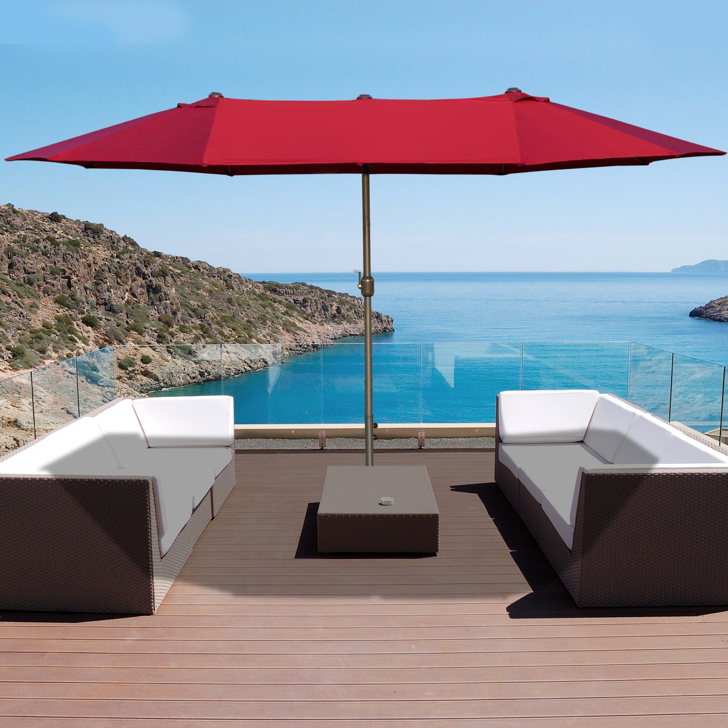 Outsunny Patio Umbrella 15' Steel Rectangular Outdoor Double Sided Market with base, Sun Protection & Easy Crank for Deck Pool Patio, Wine Red