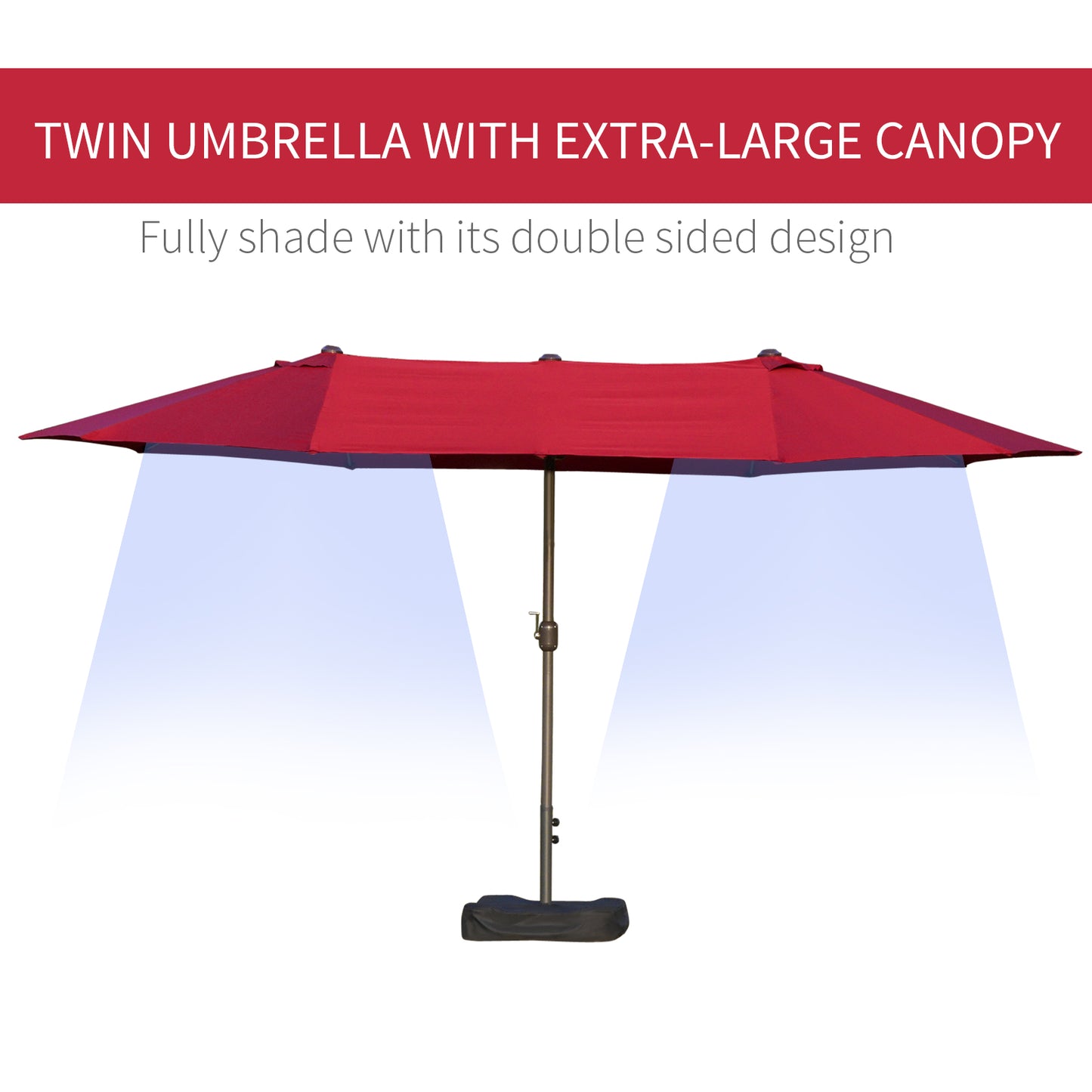 Outsunny Patio Umbrella 15' Steel Rectangular Outdoor Double Sided Market with base, Sun Protection & Easy Crank for Deck Pool Patio, Wine Red