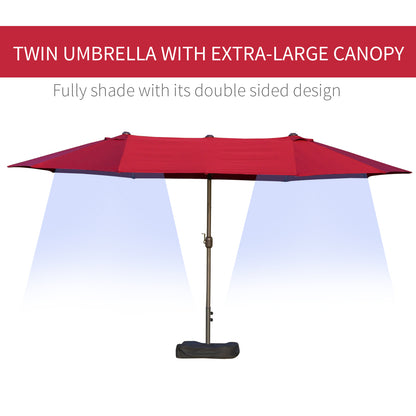 Outsunny Patio Umbrella 15' Steel Rectangular Outdoor Double Sided Market with base, Sun Protection & Easy Crank for Deck Pool Patio, Wine Red