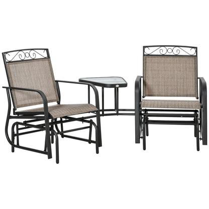 Outsunny Outdoor Glider Chairs with Coffee Table, Patio 2-Seat Rocking Chair Swing with Breathable Sling for Backyard, Garden and Porch, Brown
