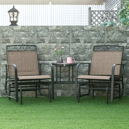 Outsunny Outdoor Glider Chairs with Coffee Table, Patio 2-Seat Rocking Chair Swing with Breathable Sling for Backyard, Garden and Porch, Brown