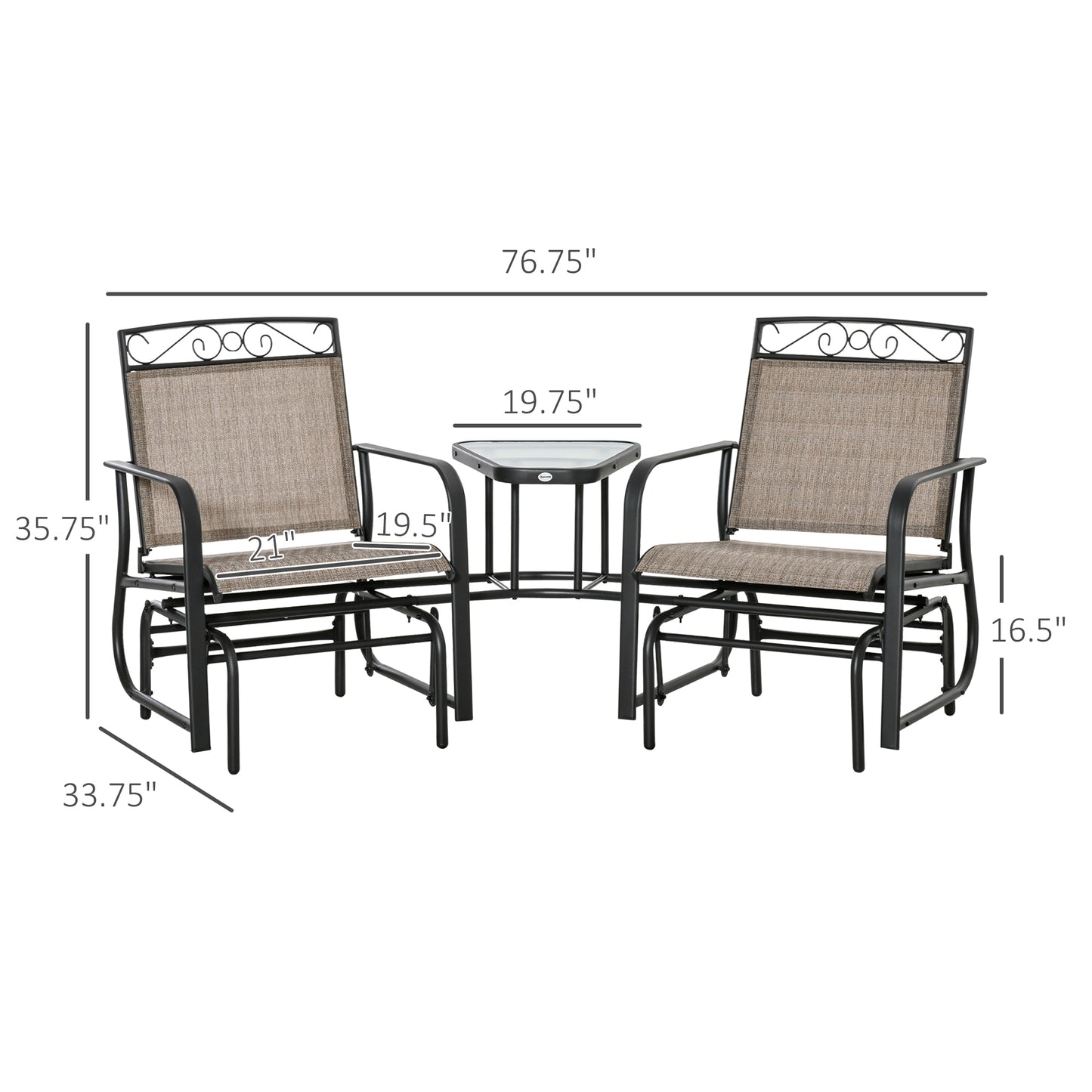 Outsunny Outdoor Glider Chairs with Coffee Table, Patio 2-Seat Rocking Chair Swing with Breathable Sling for Backyard, Garden and Porch, Brown