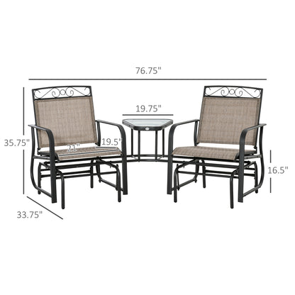Outsunny Outdoor Glider Chairs with Coffee Table, Patio 2-Seat Rocking Chair Swing with Breathable Sling for Backyard, Garden and Porch, Brown