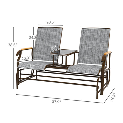 Outsunny 2 Person Outdoor Glider Bench, Patio Swing Glider Chair Loveseat with Breathable Mesh, Table, Steel Frame for Garden, Backyard, Porch, Gray