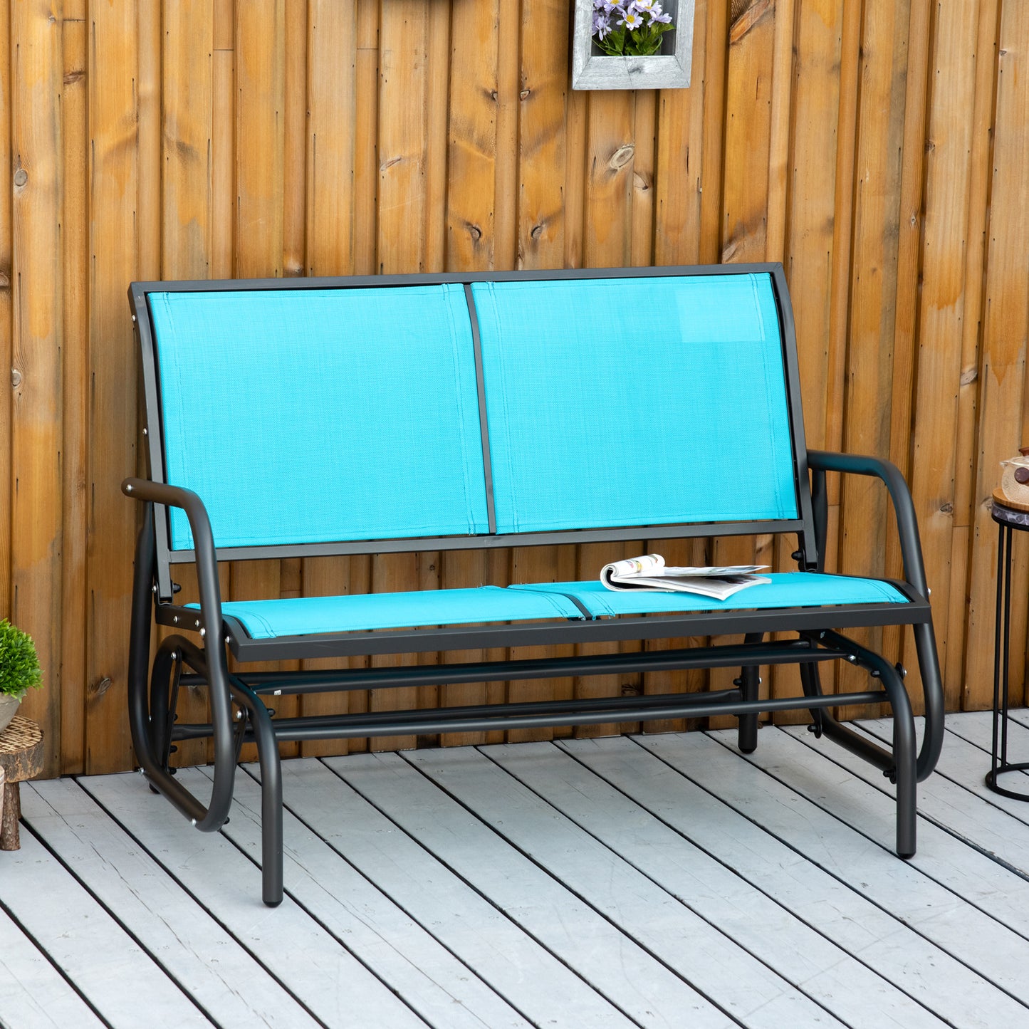 Outsunny 2-Person Outdoor Glider Bench, Patio Double Swing Rocking Chair Loveseat w/ Powder Coated Steel Frame for Backyard Garden Porch, Blue