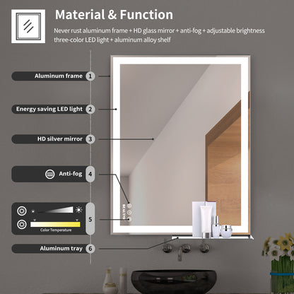 30x36 inch LED Bathroom Vanity Mirror Wall Mounted Adjustable White/Warm/Natural Lights Anti-Fog Touch Switch with Memory Modern Smart Large Bathroom Mirrors
