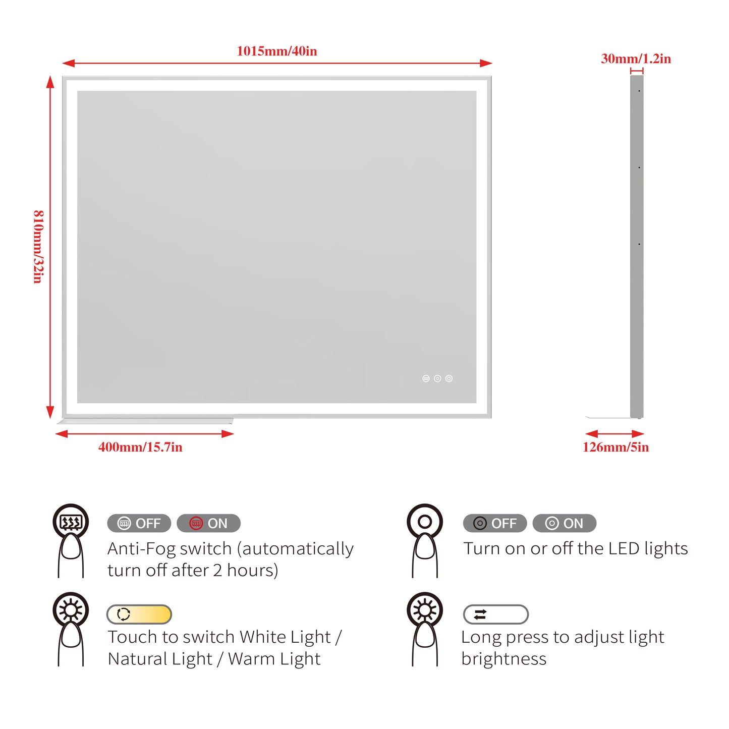 32x40 inch LED Bathroom Vanity Mirror Wall Mounted Adjustable White/Warm/Natural Lights Anti-Fog Touch Switch with Memory Modern Smart Large Bathroom Mirrors