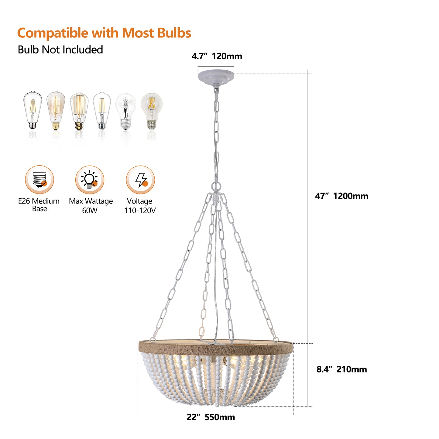 22" Bohemian Wood Beaded Pendant Chandelier – Elegant Light Fixture for Living Room, Dining Room, or Bedroom, Modern and Stylish Ceiling Light (Bulb Not Included)