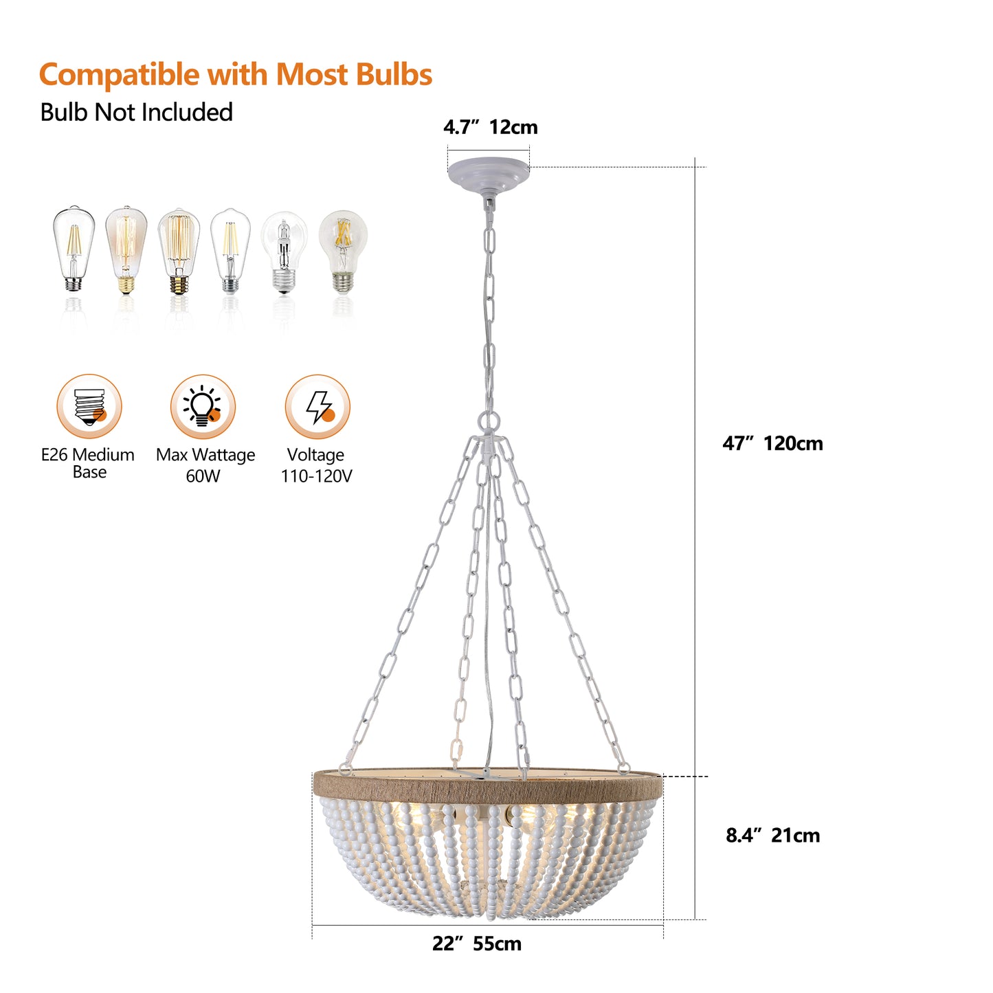 22" Bohemian Wood Beaded Pendant Chandelier – Elegant Light Fixture for Living Room, Dining Room, or Bedroom, Modern and Stylish Ceiling Light (Bulb Not Included)