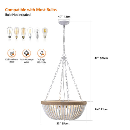 22" Bohemian Wood Beaded Pendant Chandelier – Elegant Light Fixture for Living Room, Dining Room, or Bedroom, Modern and Stylish Ceiling Light (Bulb Not Included)