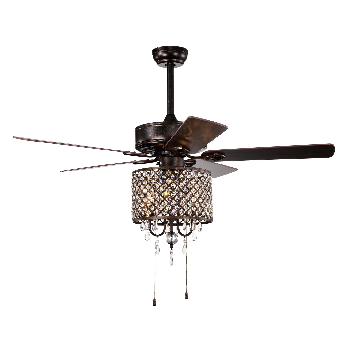 52'' Classical Crystal Ceiling Fan Lamp,3 Speed , 5 Reversible Blades for Living Room, Dining Room, Bedroom, Family Room, Rustic bronze ,3PCS*E12 (NO Include Bulb Hand Pull Chain)