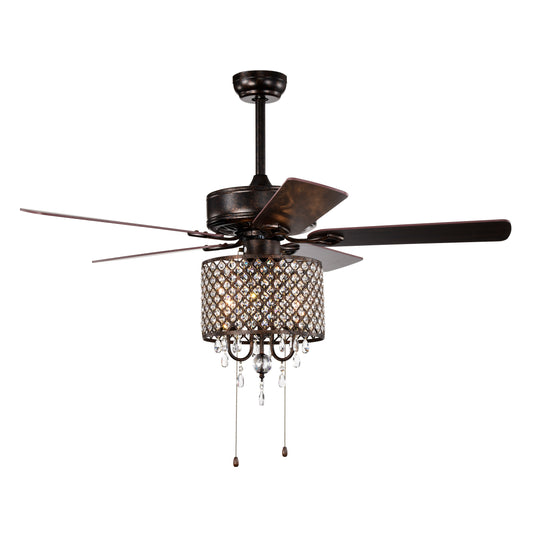 52'' Classical Crystal Ceiling Fan Lamp,3 Speed , 5 Reversible Blades for Living Room, Dining Room, Bedroom, Family Room, Rustic bronze ,3PCS*E12 (NO Include Bulb Hand Pull Chain)