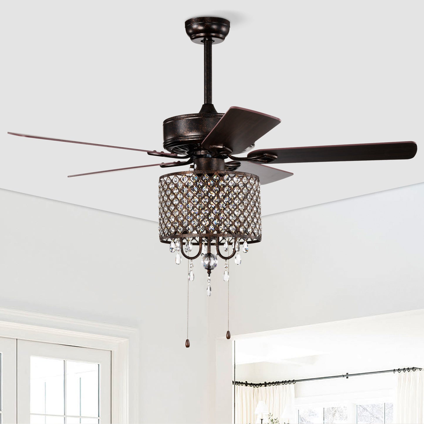 52'' Classical Crystal Ceiling Fan Lamp,3 Speed , 5 Reversible Blades for Living Room, Dining Room, Bedroom, Family Room, Rustic bronze ,3PCS*E12 (NO Include Bulb Hand Pull Chain)