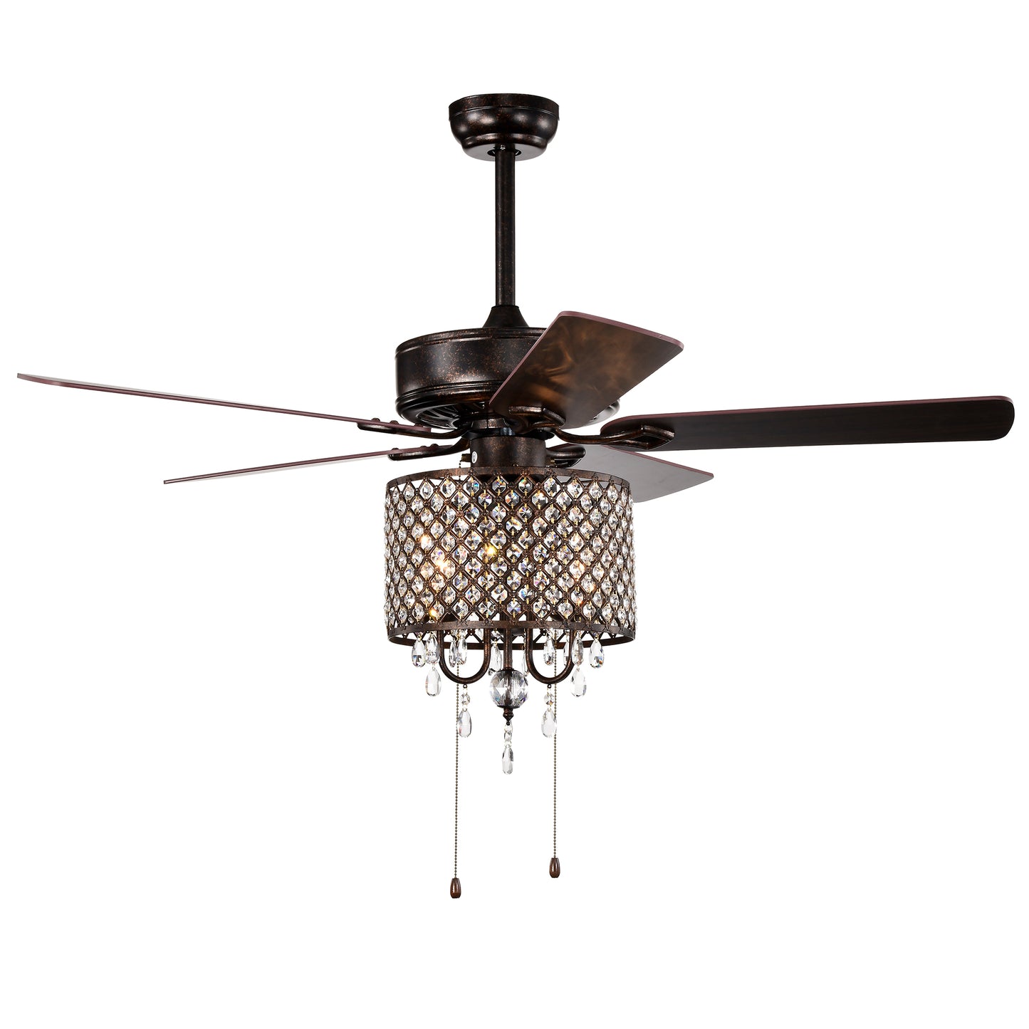 52'' Classical Crystal Ceiling Fan Lamp,3 Speed , 5 Reversible Blades for Living Room, Dining Room, Bedroom, Family Room, Rustic bronze ,3PCS*E12 (NO Include Bulb Hand Pull Chain)