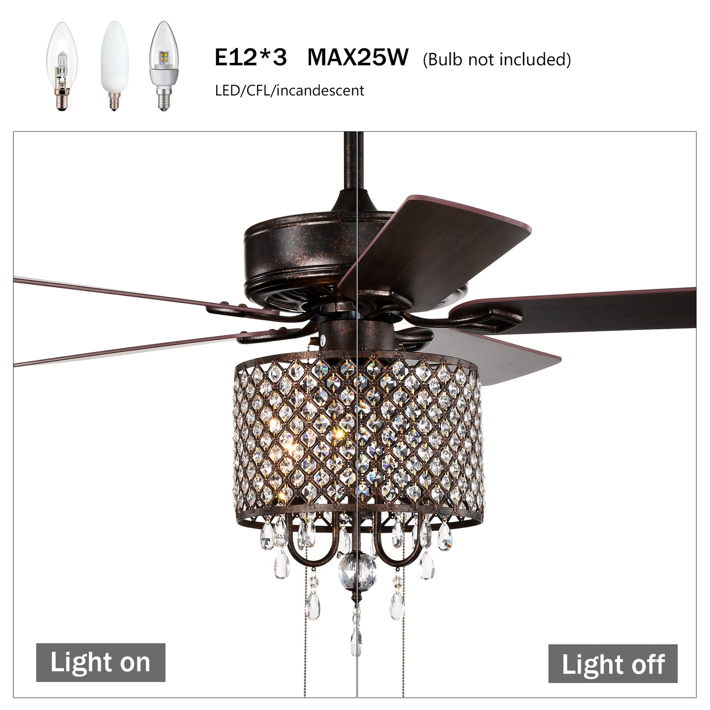 52'' Classical Crystal Ceiling Fan Lamp,3 Speed , 5 Reversible Blades for Living Room, Dining Room, Bedroom, Family Room, Rustic bronze ,3PCS*E12 (NO Include Bulb Hand Pull Chain)