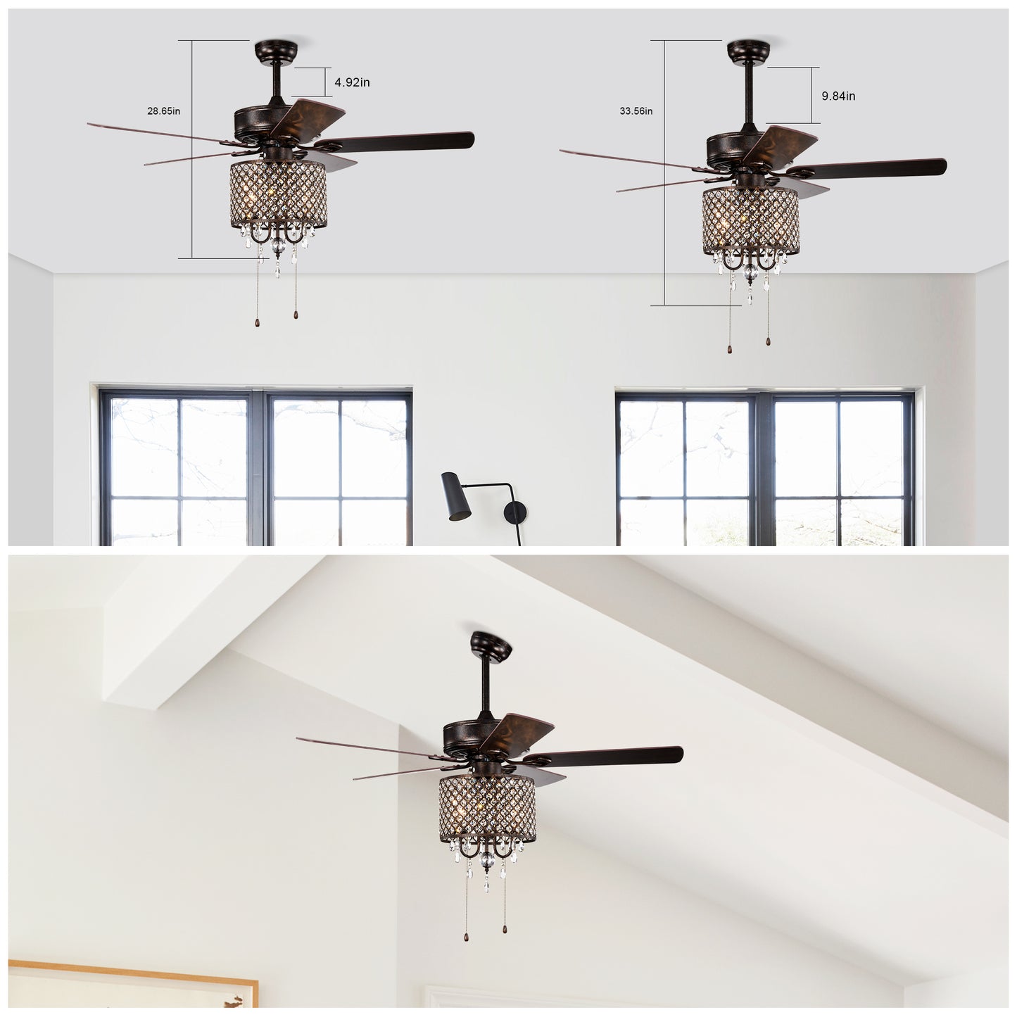 52'' Classical Crystal Ceiling Fan Lamp,3 Speed , 5 Reversible Blades for Living Room, Dining Room, Bedroom, Family Room, Rustic bronze ,3PCS*E12 (NO Include Bulb Hand Pull Chain)