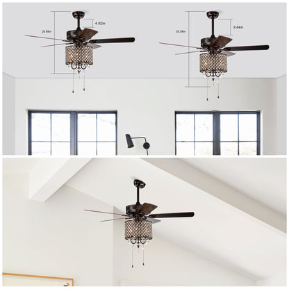 52'' Classical Crystal Ceiling Fan Lamp,3 Speed , 5 Reversible Blades for Living Room, Dining Room, Bedroom, Family Room, Rustic bronze ,3PCS*E12 (NO Include Bulb Hand Pull Chain)
