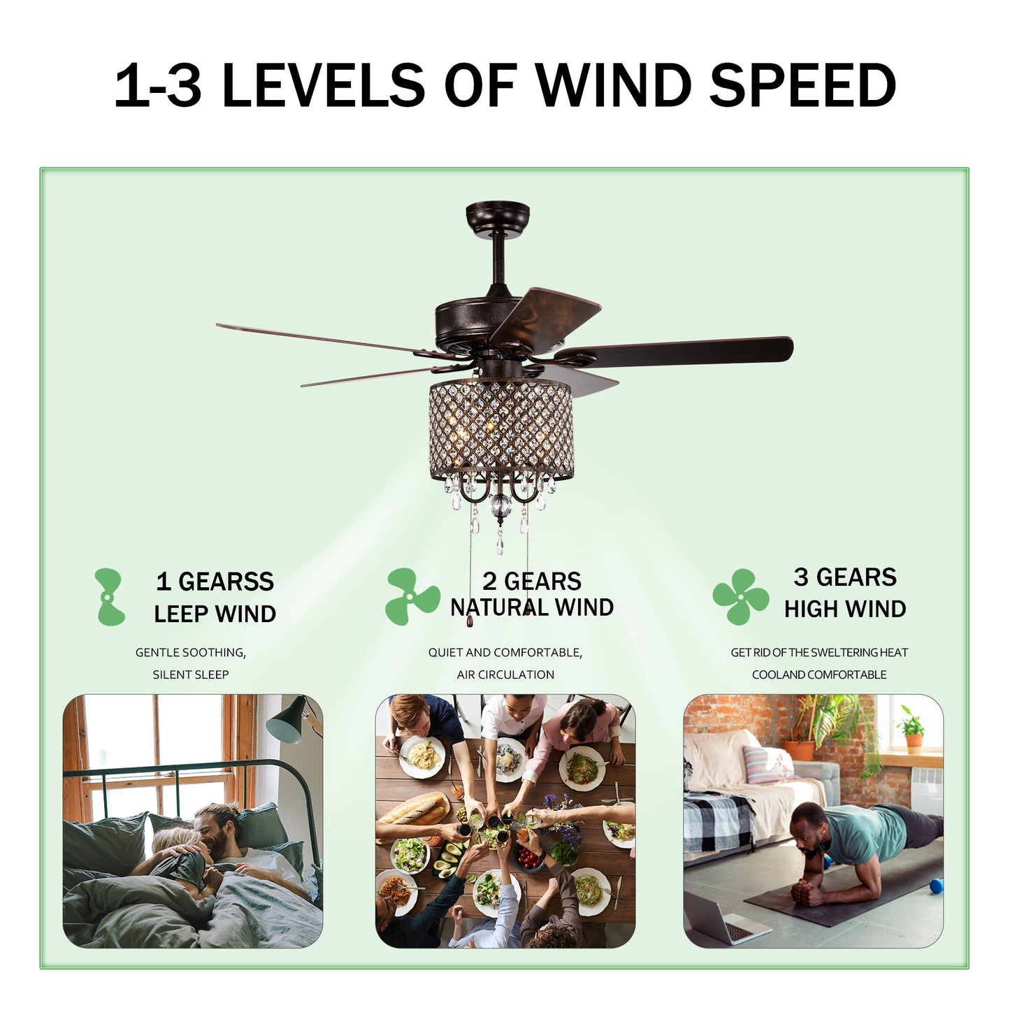 52'' Classical Crystal Ceiling Fan Lamp,3 Speed , 5 Reversible Blades for Living Room, Dining Room, Bedroom, Family Room, Rustic bronze ,3PCS*E12 (NO Include Bulb Hand Pull Chain)
