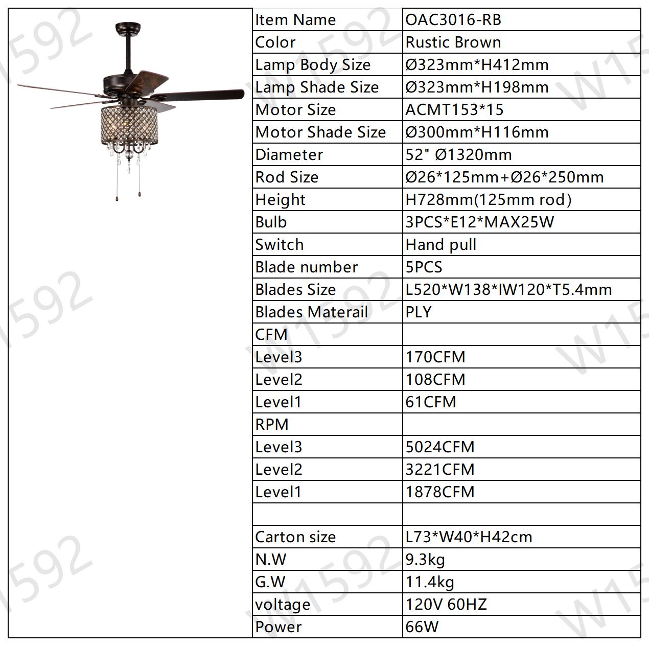 52'' Classical Crystal Ceiling Fan Lamp,3 Speed , 5 Reversible Blades for Living Room, Dining Room, Bedroom, Family Room, Rustic bronze ,3PCS*E12 (NO Include Bulb Hand Pull Chain)