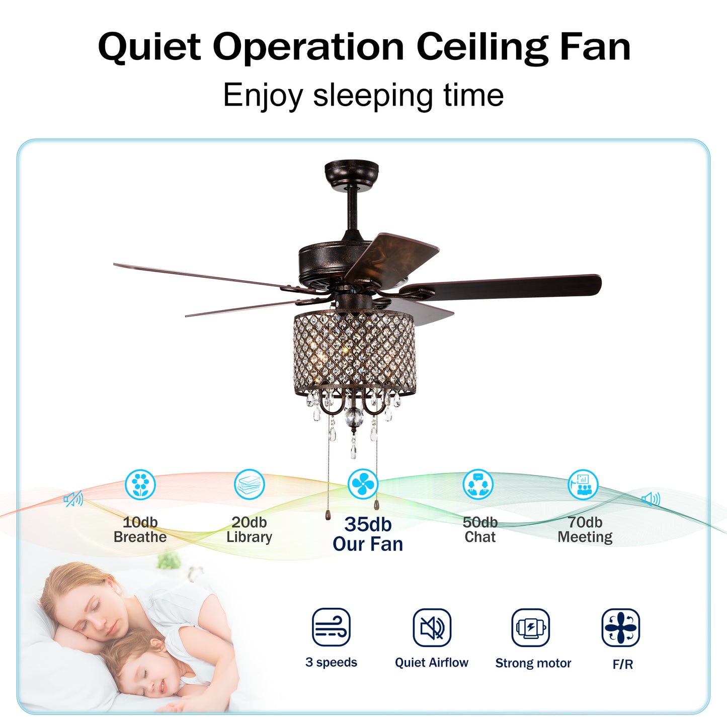 52'' Classical Crystal Ceiling Fan Lamp,3 Speed , 5 Reversible Blades for Living Room, Dining Room, Bedroom, Family Room, Rustic bronze ,3PCS*E12 (NO Include Bulb Hand Pull Chain)