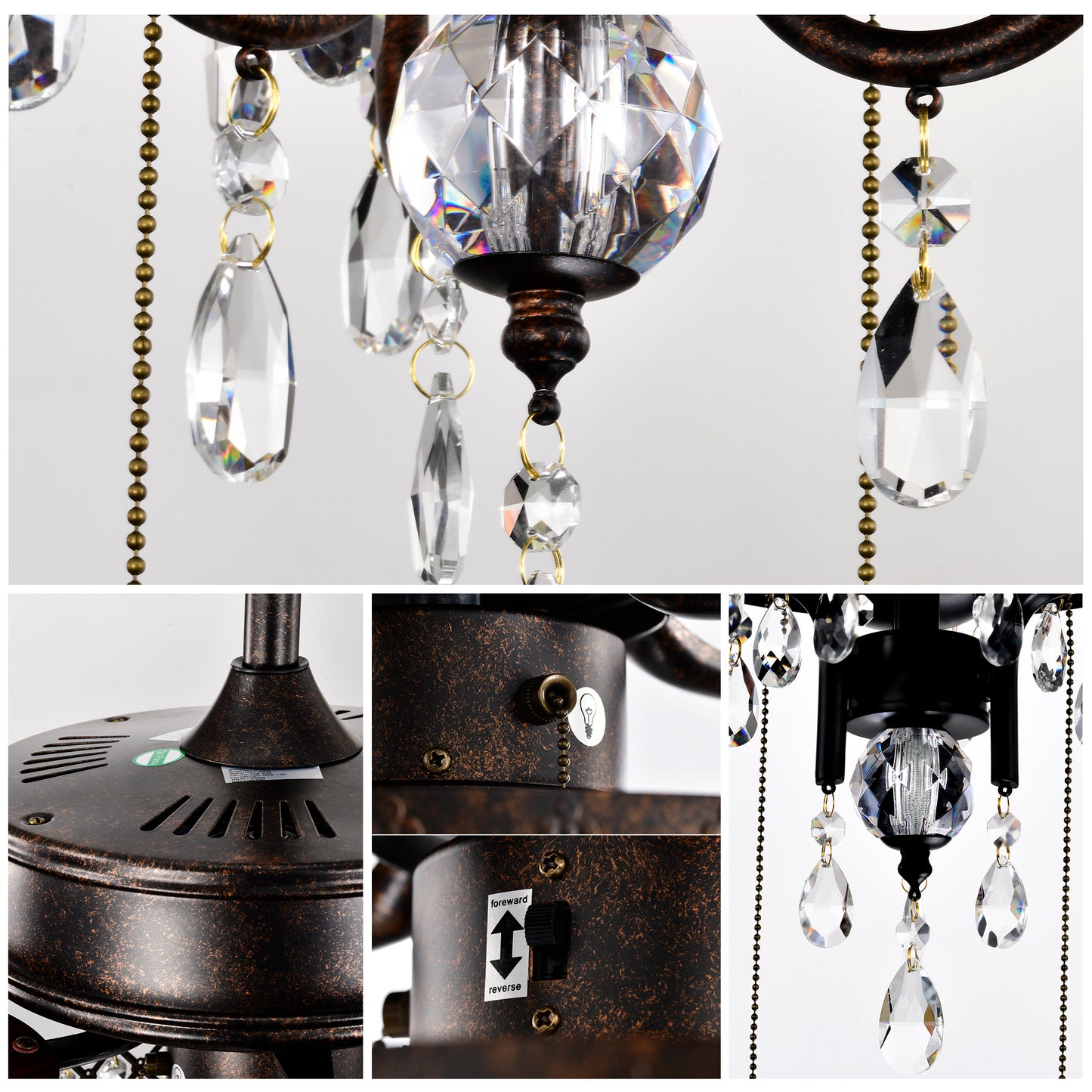 52'' Classical Crystal Ceiling Fan Lamp,3 Speed , 5 Reversible Blades for Living Room, Dining Room, Bedroom, Family Room, Rustic bronze ,3PCS*E12 (NO Include Bulb Hand Pull Chain)