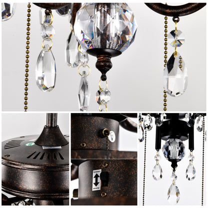 52'' Classical Crystal Ceiling Fan Lamp,3 Speed , 5 Reversible Blades for Living Room, Dining Room, Bedroom, Family Room, Rustic bronze ,3PCS*E12 (NO Include Bulb Hand Pull Chain)