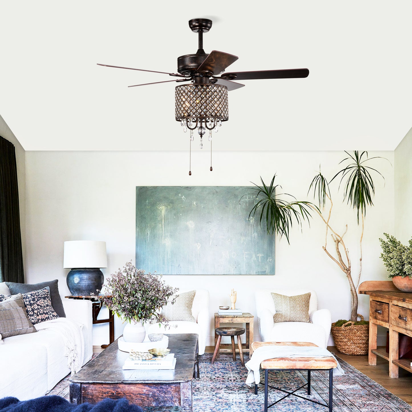 52'' Classical Crystal Ceiling Fan Lamp,3 Speed , 5 Reversible Blades for Living Room, Dining Room, Bedroom, Family Room, Rustic bronze ,3PCS*E12 (NO Include Bulb Hand Pull Chain)