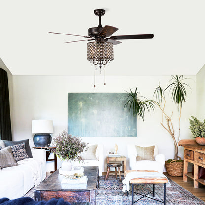 52'' Classical Crystal Ceiling Fan Lamp,3 Speed , 5 Reversible Blades for Living Room, Dining Room, Bedroom, Family Room, Rustic bronze ,3PCS*E12 (NO Include Bulb Hand Pull Chain)