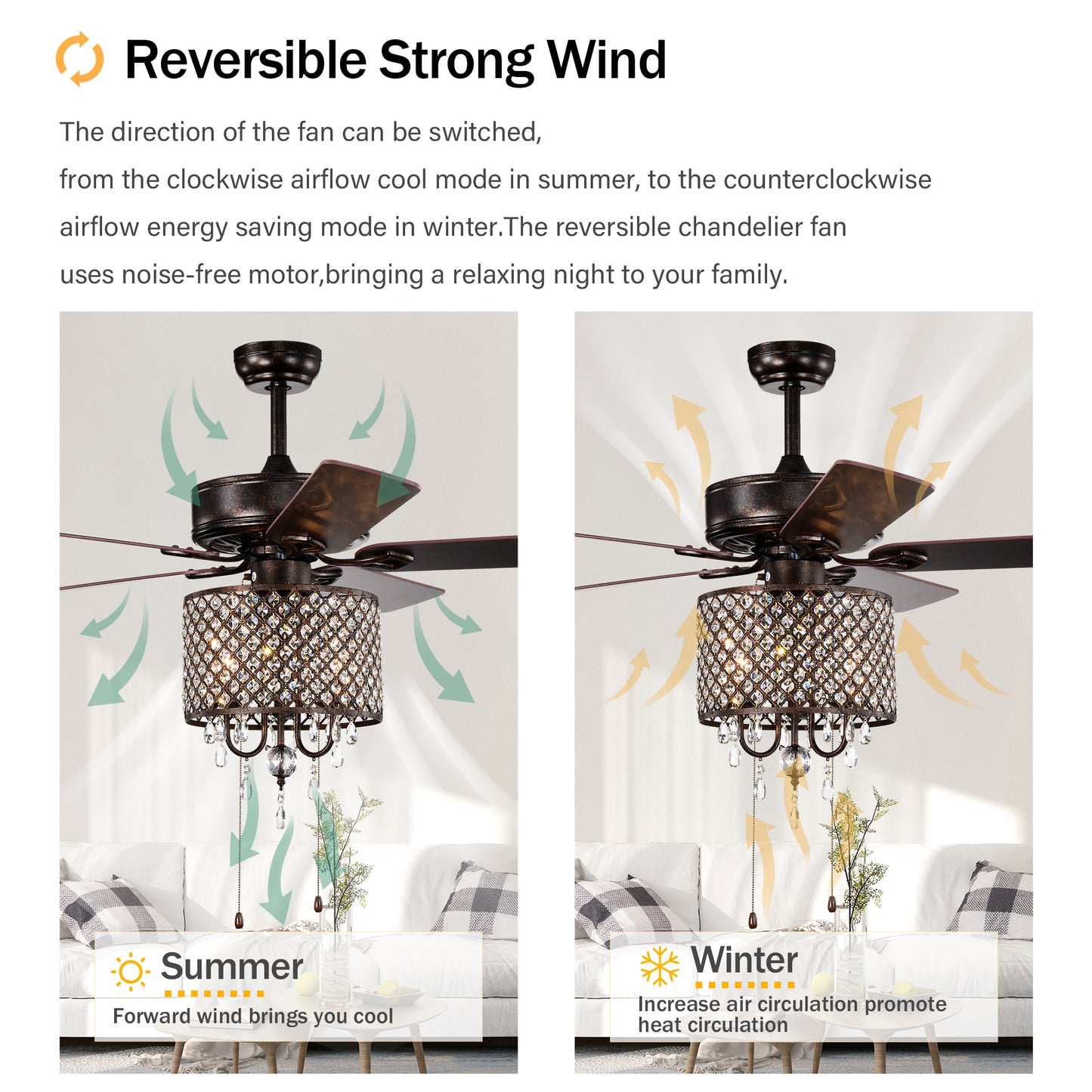 52'' Classical Crystal Ceiling Fan Lamp,3 Speed , 5 Reversible Blades for Living Room, Dining Room, Bedroom, Family Room, Rustic bronze ,3PCS*E12 (NO Include Bulb Hand Pull Chain)