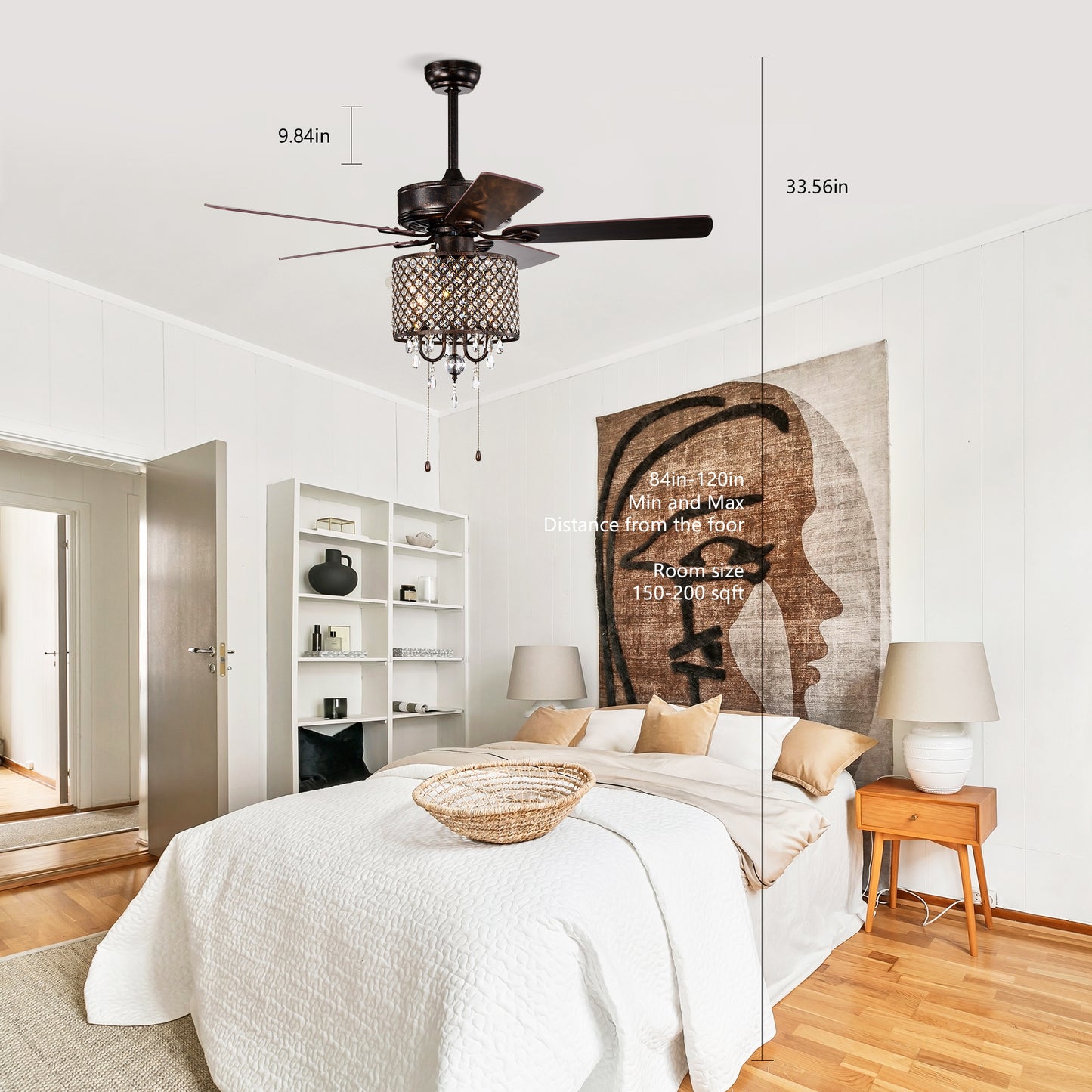 52'' Classical Crystal Ceiling Fan Lamp,3 Speed , 5 Reversible Blades for Living Room, Dining Room, Bedroom, Family Room, Rustic bronze ,3PCS*E12 (NO Include Bulb Hand Pull Chain)