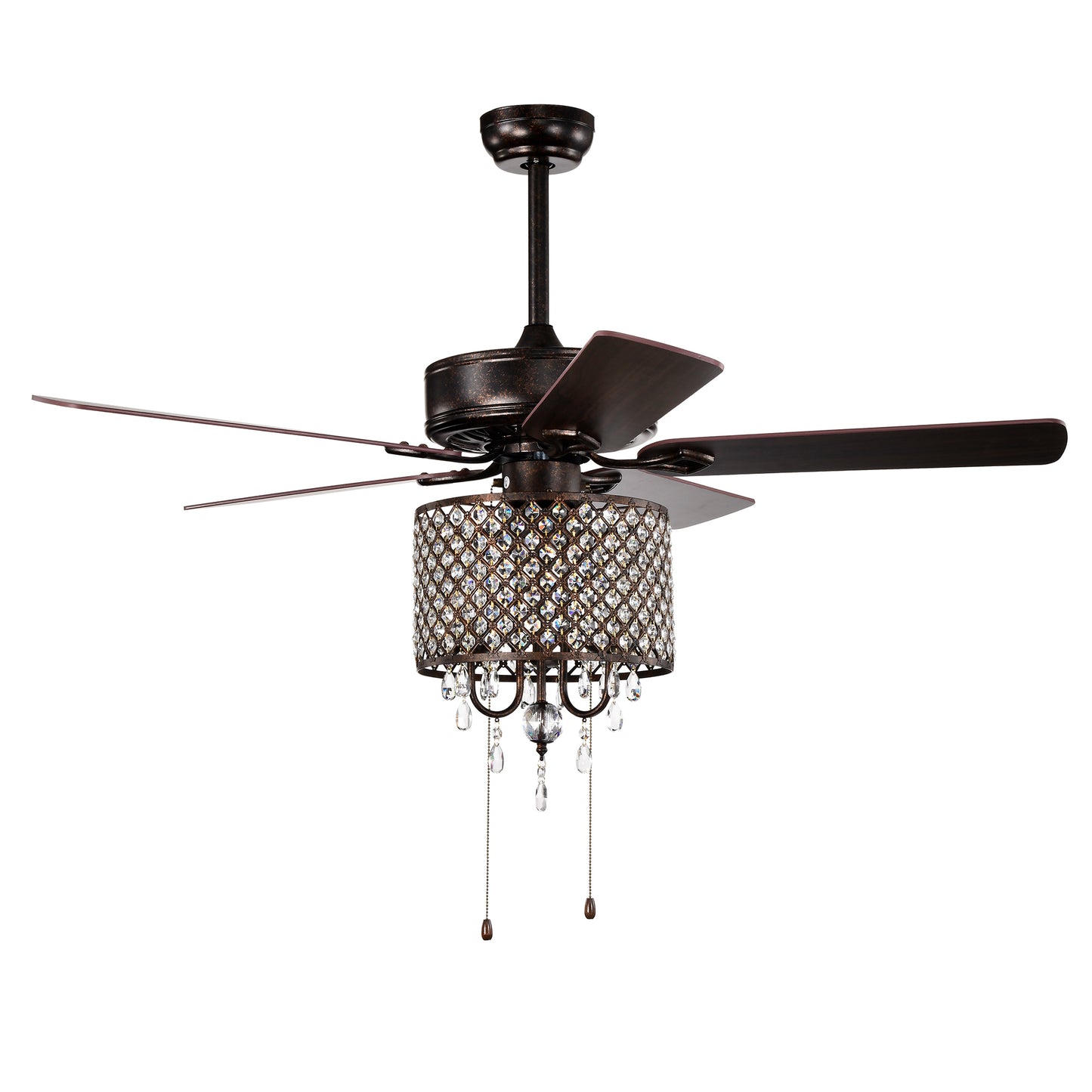 52'' Classical Crystal Ceiling Fan Lamp,3 Speed , 5 Reversible Blades for Living Room, Dining Room, Bedroom, Family Room, Rustic bronze ,3PCS*E12 (NO Include Bulb Hand Pull Chain)