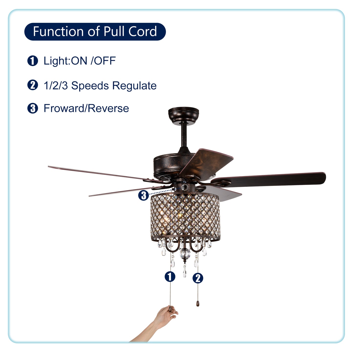 52'' Classical Crystal Ceiling Fan Lamp,3 Speed , 5 Reversible Blades for Living Room, Dining Room, Bedroom, Family Room, Rustic bronze ,3PCS*E12 (NO Include Bulb Hand Pull Chain)