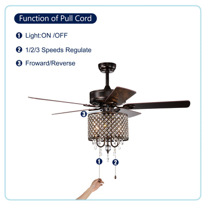 52'' Classical Crystal Ceiling Fan Lamp,3 Speed , 5 Reversible Blades for Living Room, Dining Room, Bedroom, Family Room, Rustic bronze ,3PCS*E12 (NO Include Bulb Hand Pull Chain)