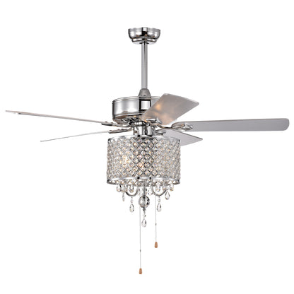 52'' Classical Crystal Ceiling Fan Lamp 3 Speed Hand Pull Chain (High, Mid, Low), 5 Reversible Blades for Living Room, Dining Room, Bedroom, Family Room, Chrome ,3PCS*E12 (NO Include Bulb )