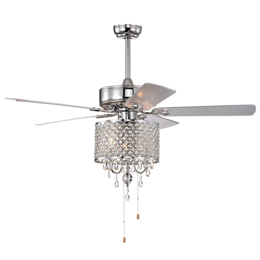 52'' Classical Crystal Ceiling Fan Lamp 3 Speed Hand Pull Chain (High, Mid, Low), 5 Reversible Blades for Living Room, Dining Room, Bedroom, Family Room, Chrome ,3PCS*E12 (NO Include Bulb )