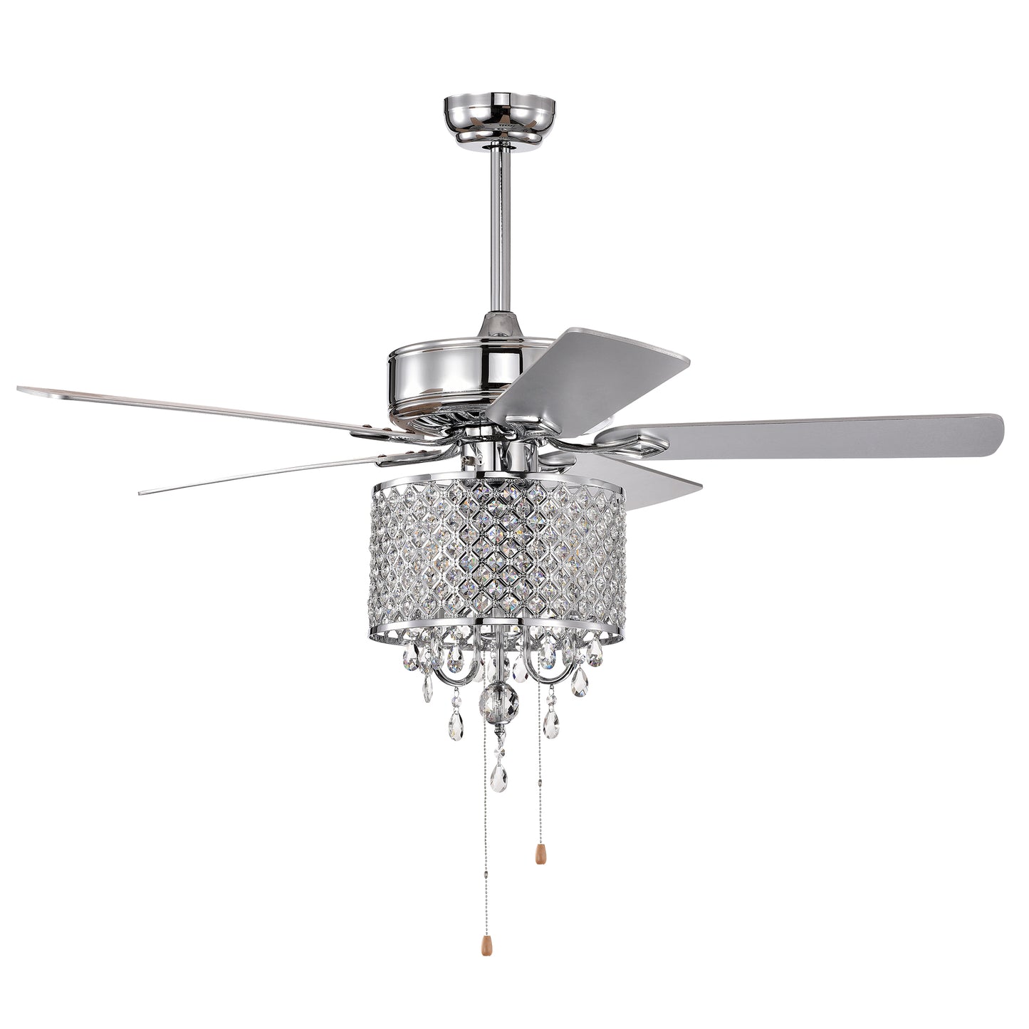 52'' Classical Crystal Ceiling Fan Lamp 3 Speed Hand Pull Chain (High, Mid, Low), 5 Reversible Blades for Living Room, Dining Room, Bedroom, Family Room, Chrome ,3PCS*E12 (NO Include Bulb )