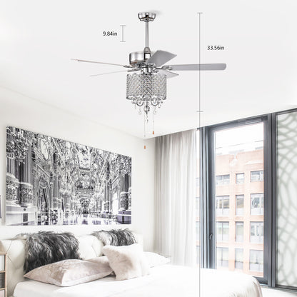 52'' Classical Crystal Ceiling Fan Lamp 3 Speed Hand Pull Chain (High, Mid, Low), 5 Reversible Blades for Living Room, Dining Room, Bedroom, Family Room, Chrome ,3PCS*E12 (NO Include Bulb )
