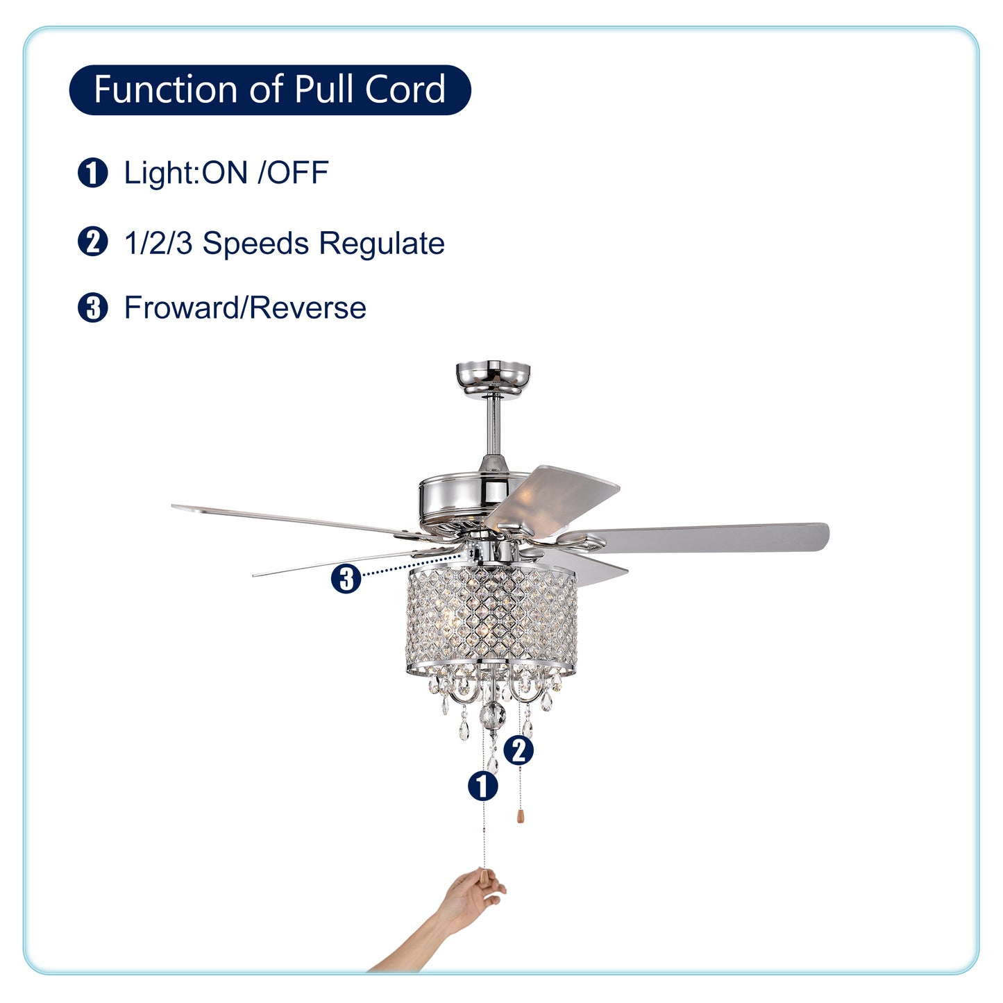 52'' Classical Crystal Ceiling Fan Lamp 3 Speed Hand Pull Chain (High, Mid, Low), 5 Reversible Blades for Living Room, Dining Room, Bedroom, Family Room, Chrome ,3PCS*E12 (NO Include Bulb )
