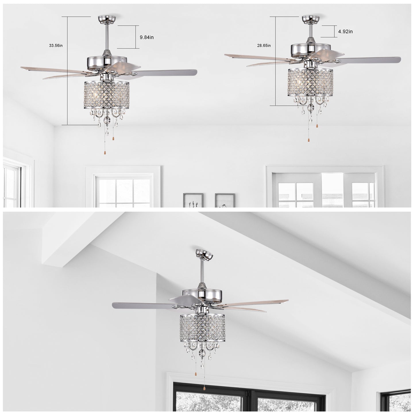 52'' Classical Crystal Ceiling Fan Lamp 3 Speed Hand Pull Chain (High, Mid, Low), 5 Reversible Blades for Living Room, Dining Room, Bedroom, Family Room, Chrome ,3PCS*E12 (NO Include Bulb )
