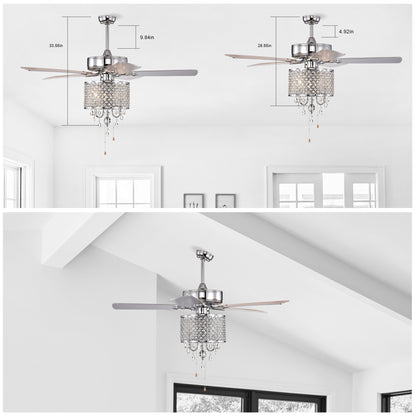 52'' Classical Crystal Ceiling Fan Lamp 3 Speed Hand Pull Chain (High, Mid, Low), 5 Reversible Blades for Living Room, Dining Room, Bedroom, Family Room, Chrome ,3PCS*E12 (NO Include Bulb )