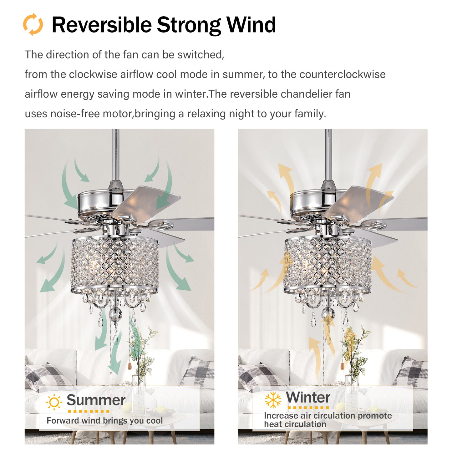 52'' Classical Crystal Ceiling Fan Lamp 3 Speed Hand Pull Chain (High, Mid, Low), 5 Reversible Blades for Living Room, Dining Room, Bedroom, Family Room, Chrome ,3PCS*E12 (NO Include Bulb )