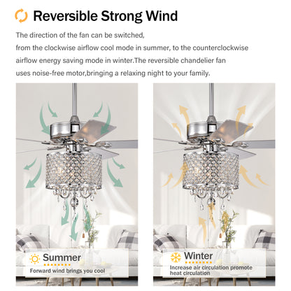 52'' Classical Crystal Ceiling Fan Lamp 3 Speed Hand Pull Chain (High, Mid, Low), 5 Reversible Blades for Living Room, Dining Room, Bedroom, Family Room, Chrome ,3PCS*E12 (NO Include Bulb )