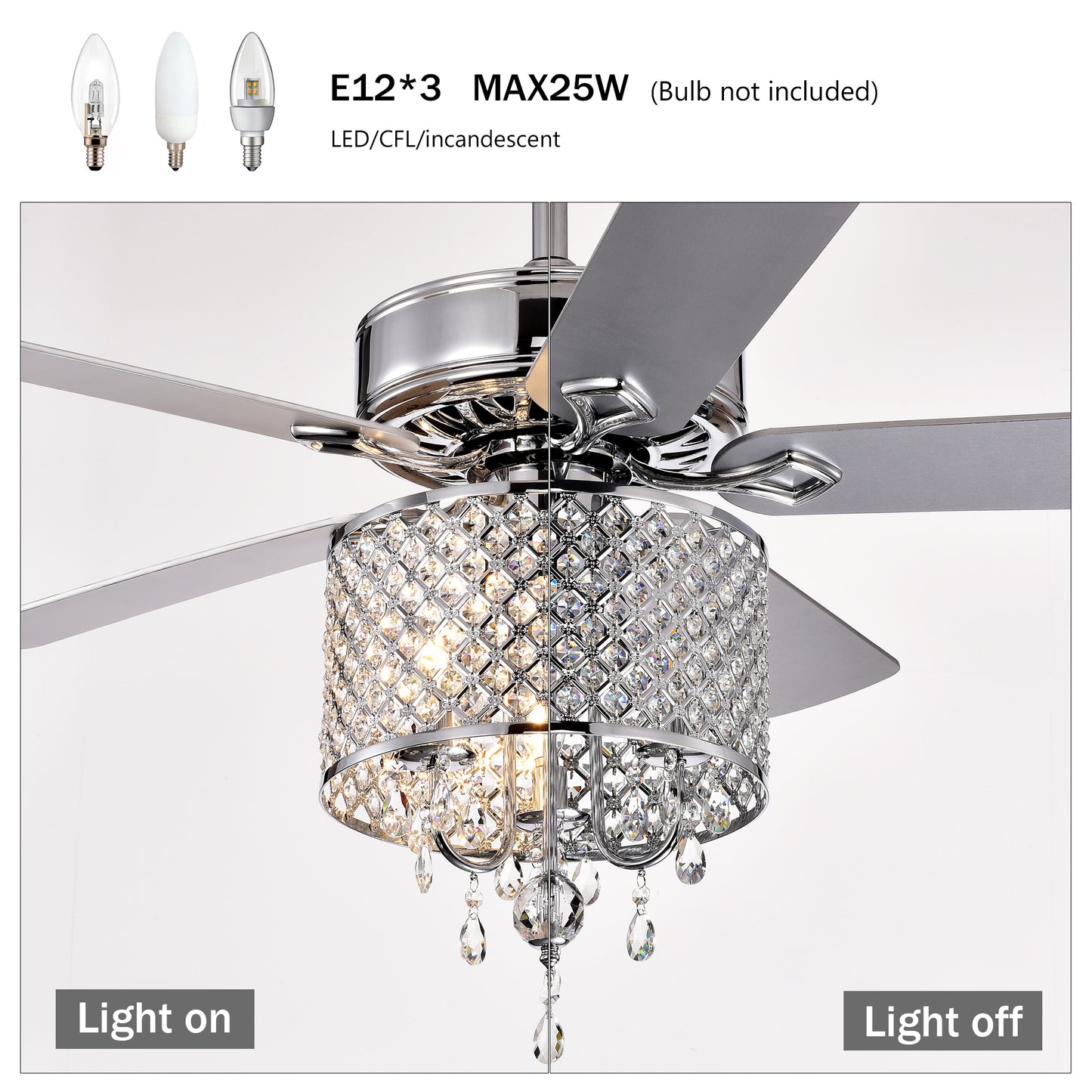 52'' Classical Crystal Ceiling Fan Lamp 3 Speed Hand Pull Chain (High, Mid, Low), 5 Reversible Blades for Living Room, Dining Room, Bedroom, Family Room, Chrome ,3PCS*E12 (NO Include Bulb )